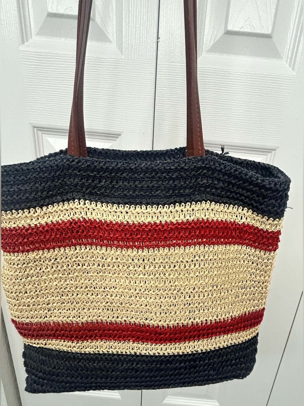 Miu Miu Black Cream Red Crochet Straw Tote with Brown Leather Straps looks like - Picture 3 of 14